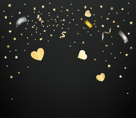 Golden confetti and hearts on dark background