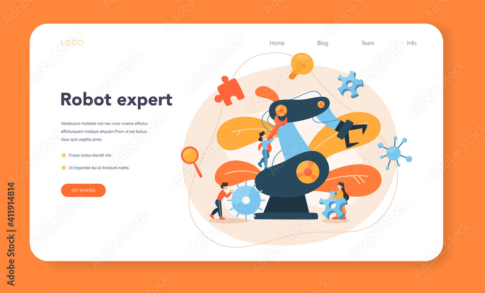Poster roboticist web banner or landing page. robotic engineering