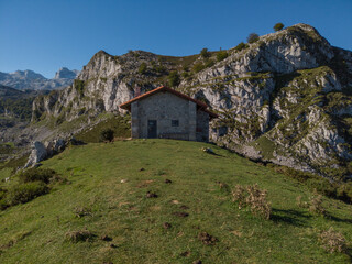 Alpine mountain hut cabin cottage between Lago de Enol and Ercina lakes of Covadonga, Picos de...