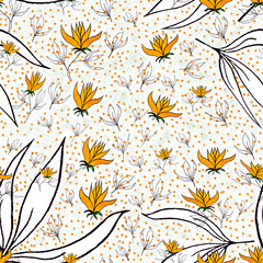 Seamless spring pattern with orange flowers on mint background with dots. Orange flowers for printing on paper, fabrics. - 411915661