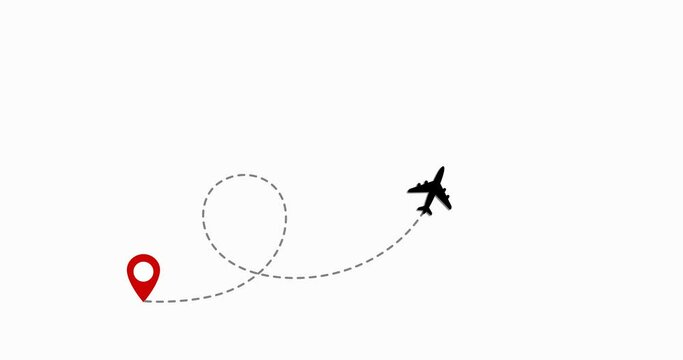 Flying airplane and leaving a dashed line trace. Plane flying from one pointer to another. Travel concept. 2d flat animation