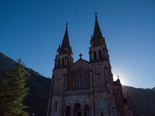 Covadonga, Spain - September 4, 2020: The Basilica of Covadonga (Basilica de Santa María la Real de Covadonga) in Covadonga, Asturias, Spain.