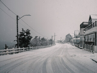 Retro Style Snowscape on the Shore Road in Falmouth, Massachusetts