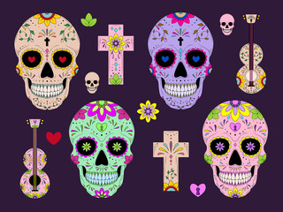 Vector Dia de Los Muertos, Day of the Dead or Mexico Halloween sculls collection. marigold flowers and Dia de los Muertos