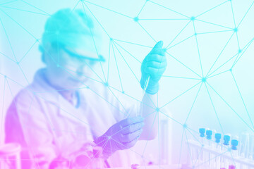 female scientist, laboratory assistant, researches a DNA test in the laboratory, researches a vaccine against COVID-19, creates a new drug, a concept of innovation in modern science