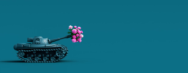 Toy tank fires a bouquet of flowers. Peace concept background 3D Rendering