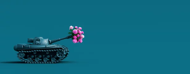 Fotobehang Toy tank fires a bouquet of flowers. Peace concept background 3D Rendering © hd3dsh