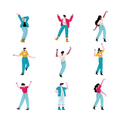Fototapeta na wymiar happy young people dancing nine avatars characters