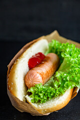 Hot Dog sandwich sausage tomato sauce lettuce leaf fast food portion on the table meal snack top view copy space for text food background rustic image
