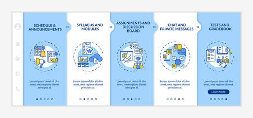 Online course management system elements onboarding vector template. Schedule and announcements. Responsive mobile website with icons. Webpage walkthrough step screens. RGB color concept