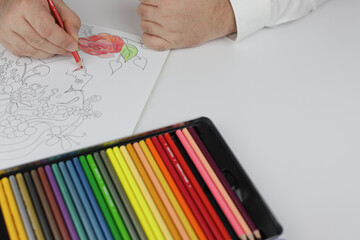 Drawing red rose in mandala anti stress with multicoloured pencils during quarantine in lockdown.