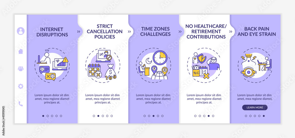 Poster online english teaching challenges onboarding vector template. internet disruptions. strict policies