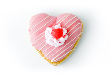 Heart shaped donut  on white Background for bakery, wedding and Valentine's Day..