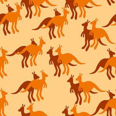 Vector flat illustration with silhouette kangaroo and baby kangaroo on fiery background. Seamless pattern on orange background. Design for card, fabric, textile. Pray for Australia and animals.