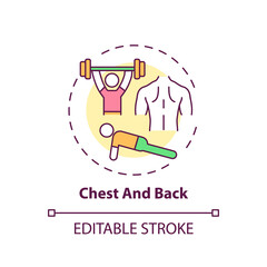 Chest and back concept icon. Physical training type idea thin line illustration. Muscle growth and strength. Lifting heavy weights. Vector isolated outline RGB color drawing. Editable stroke