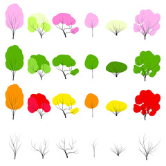 Tree set on doodles vector any season winter, spring, summenr, autumn. flat style