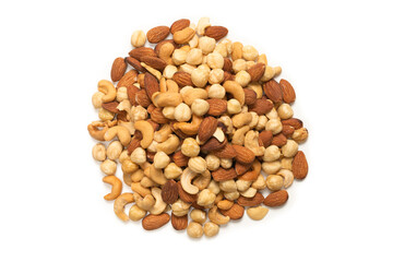 Mix of nuts isolated on white background. Top view.