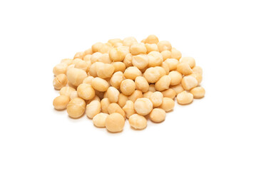 Macadamia nuts isolated on white background.