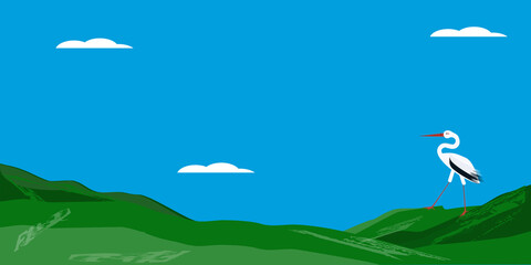 Stork, hills, sky, clouds - vector. The world of birds. Spring landscape.