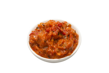 Vegetable stew in a bowl isolated on white background.