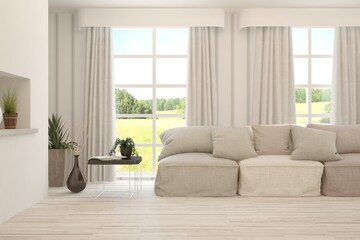 White living room with sofa and summer landscape in window. Scandinavian interior design. 3D illustration
