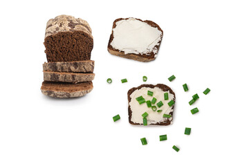 Brown bread and cheese isolated on white background.