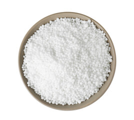 Fototapeta na wymiar Pellets of ammonium nitrate in bowl isolated on white, top view. Mineral fertilizer