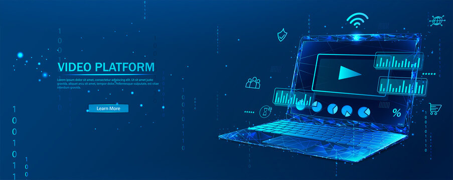 Video marketing platform.Play button. Abstract illustration isolated on dark background. Low poly wireframe style. Banner for landing page and web. Vector illustration