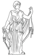 An ancient Greek young woman in a tunic and cape stands looks away and gestures.