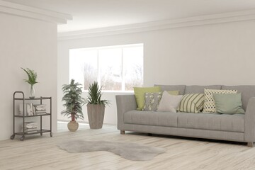 White living room with sofa. Scandinavian interior design. 3D illustration