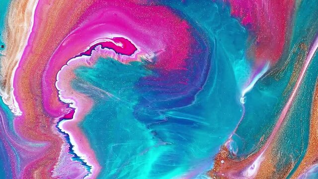 Fluid art drawing footage, modern acryl texture with flowing effect. Liquid paint mixing artwork with splash and swirl. Detailed background motion with golden, pink and turquoise overflowing colors