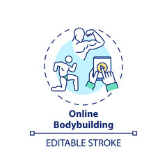 Naklejka na ściany i meble Online bodybuilding concept icon. Remote workout program idea thin line illustration. Building lean muscle mass. Body shape transformation. Vector isolated outline RGB color drawing. Editable stroke