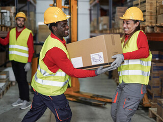 Multiracial staff working in warehouse with protective wear - Young african man with package and mature latin woman