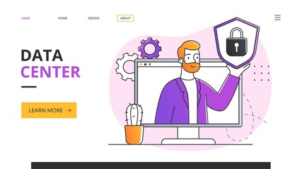 Data center concept with bearded man at computer monitor holding shield with closed padlock sign. Flat outline vector illustration. Website web page, landing page template or layout. Abstract metaphor