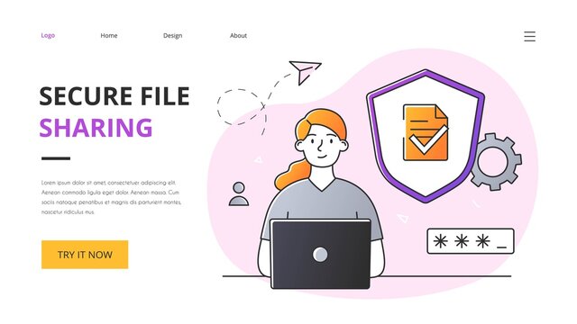 Secure file sharing abstract concept with female character working on laptop computer. Flat cartoon vector illustration. Website, web page, landing page template or layout. Abstract metaphor