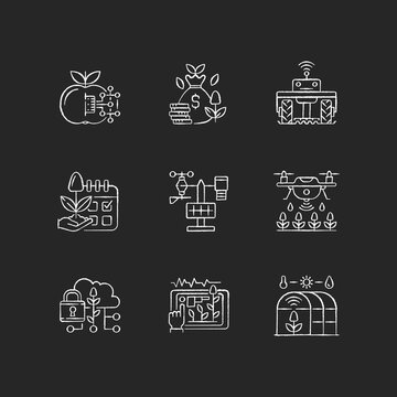 Smart farming RGB chalk white icons set on black background. Internet of food. Maximum productivity. Agricultural industry management. Isolated vector chalkboard illustrations