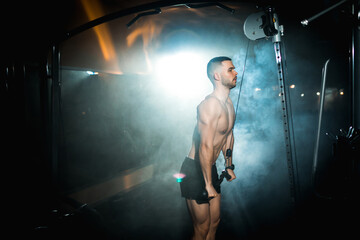 Fototapeta premium Muscular man working out in gym doing exercises with dumbbells at triceps, strong male naked torso abs, athlete doing triceps exercise arm muscles atmospheric smoke in the gym