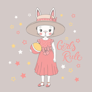 Cute little rabbit girl with hat, ball. Cartoon vector illustration