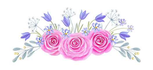 Hand drawn watercolor painting with pink roses and bluebell flowers bouquet isolated on white background. Floral ornamen.