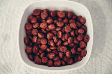 Dry cat food in a small bowl