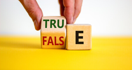 False or true symbol. Businessman flips a wooden cube and changes the word 'false' to 'true' or...