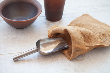 Kitchen utensils on wooden background