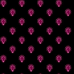 Neon light bulbs seamless pattern. Pink icons on black background. Idea, solution, creativity concept. Night signboard style. Vector 10 EPS illustration.