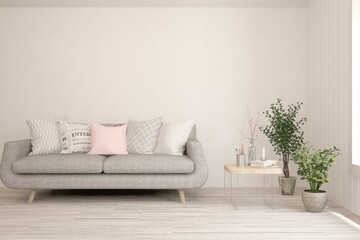 White living room with sofa. Scandinavian interior design. 3D illustration