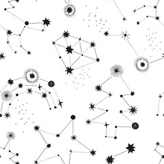 Whimsical fairy constellation vector seamless pattern. Diamond Unicorn Rainbow star sign baby fabric print Starry night sky kid black and white background  © AngellozOlga