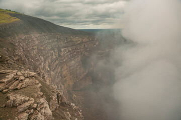 active Masaya Volcano with gases and smoke coming from inside in Central Nicaragua