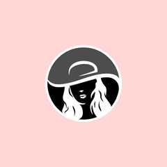 Vector illustration of woman with hat, girl logo, icon, emblem.