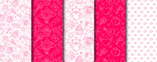 Set of pink seamless patterns with valentines day and love objects in doodle style