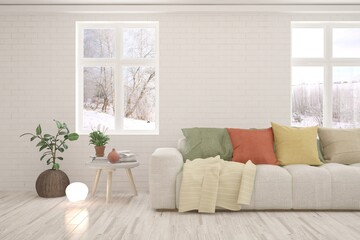 White living room with sofa and winter landscape in window. Scandinavian interior design. 3D illustration