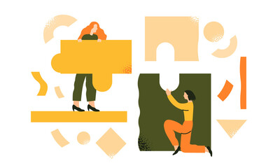 Women put the puzzle together. Team work, business partnership,coworking. Team metaphor. Business creative concept. Flat vector illustration in trendy style.
